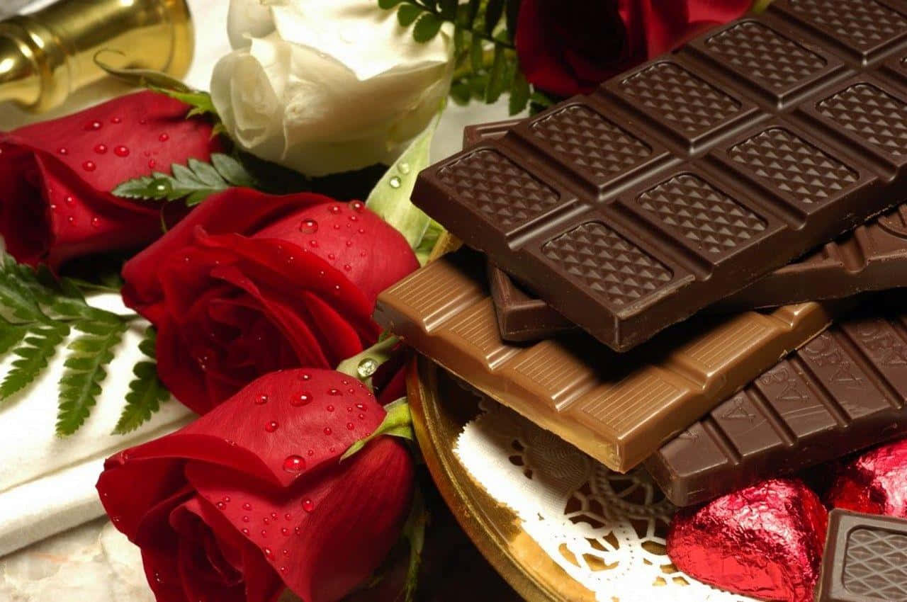 Chocolate 桌布 壁紙 — 濃郁的黑巧克力和牛奶巧克力棒放在金色盤子上，旁邊是沾滿露水的紅白玫瑰。