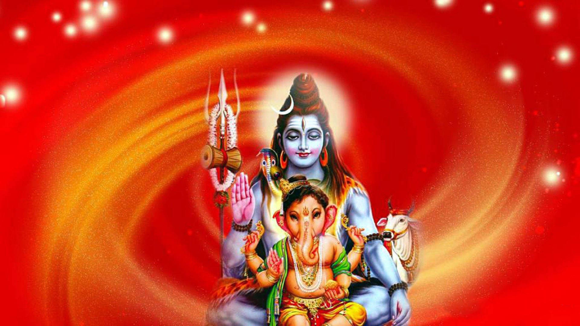 Shiv Parivar 桌布 壁紙 — 濕婆和象頭神坐在旋轉的紅色和橙色宇宙背景前，帶有發光的粒子。