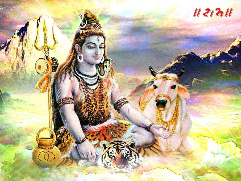 Shankar Bhagwan 桌布 壁紙 — 濕婆在光芒四射的山景背景下，與南迪公牛和一隻老虎在腳邊，寧靜地冥想。