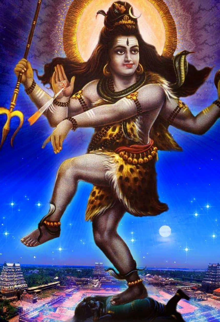 shiva iPhone 桌布 壁紙 — 濕婆在惡魔上跳舞，身後有光環，背景是星空下的古老寺廟。