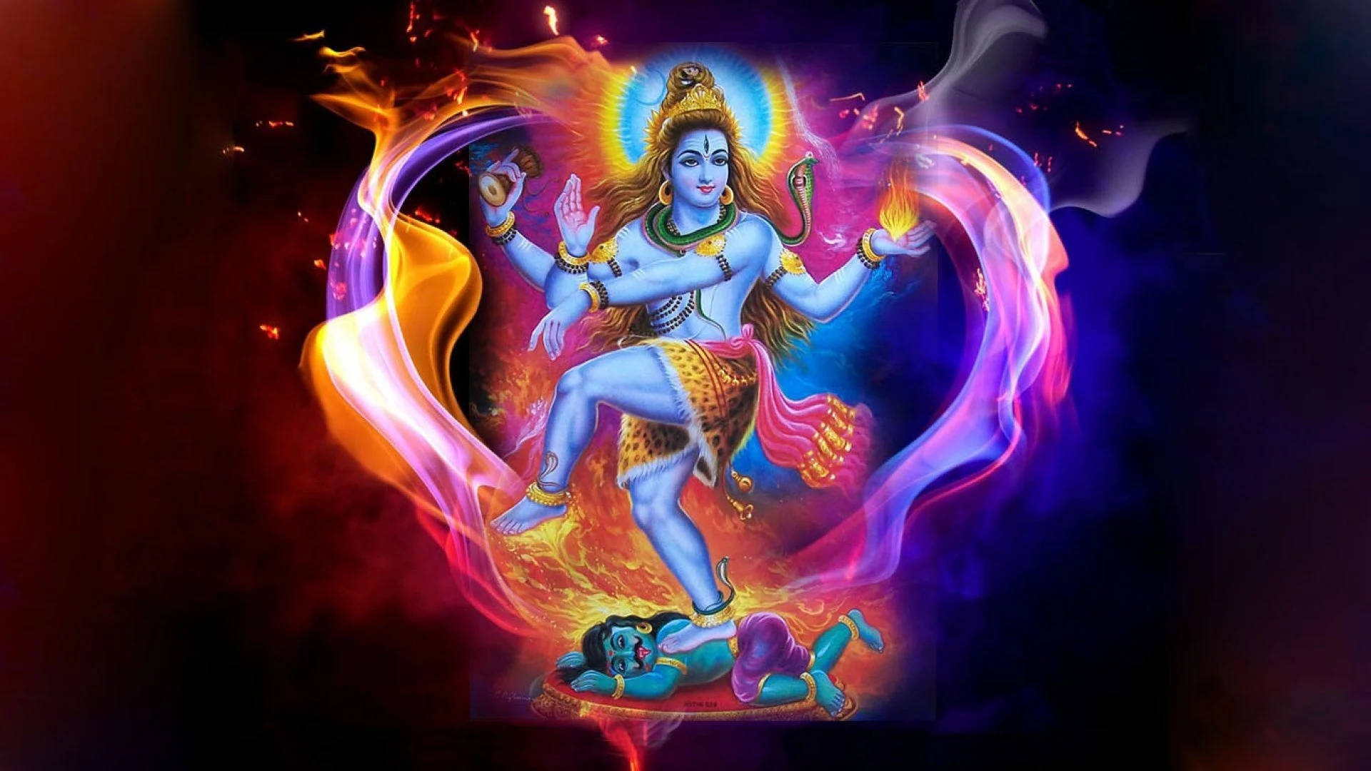 bholenath 3d 桌布 壁紙 — 濕婆在發光的愛心形光環內的宇宙火焰中跳舞，用腳踩碎無知。
