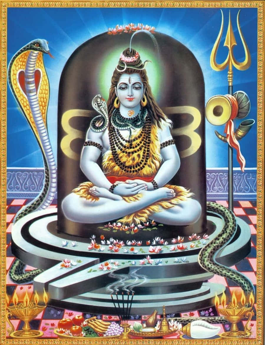 shiva iPhone 桌布 壁紙 — 濕婆在金色神龕中安詳冥想，神龕裝飾有蛇、三叉戟和供品，背景是燦爛的藍天。