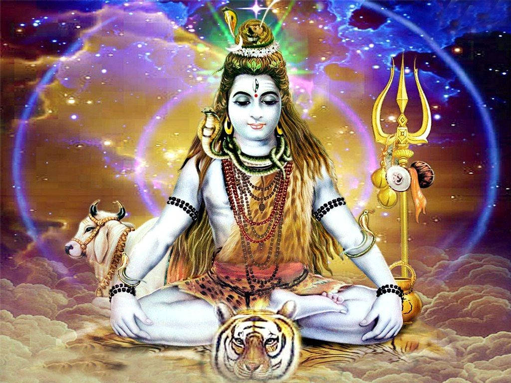 shiv shankar HD 桌布 壁紙 — 濕婆安詳地坐在老虎上冥想，旁邊有南迪公牛，背景是宇宙星空。