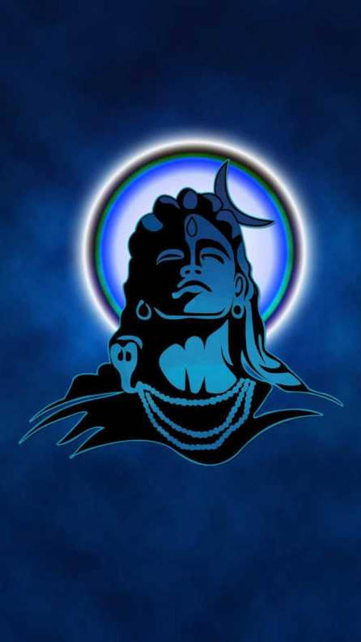 bholenath 桌布 壁紙 — 濕婆的剪影，帶有新月和發光光環，背景為深藍色。