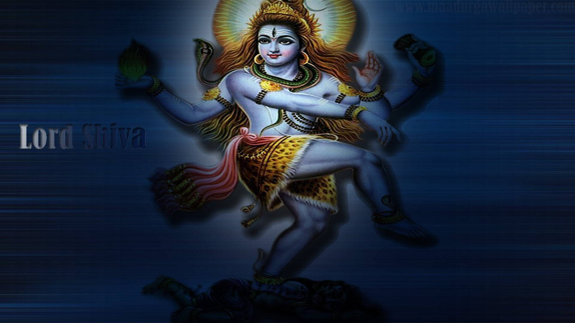 Hindu God 桌布 壁紙 — 濕婆神在宇宙能量中起舞，多臂並帶有光環，背景為深藍色動態模糊效果。