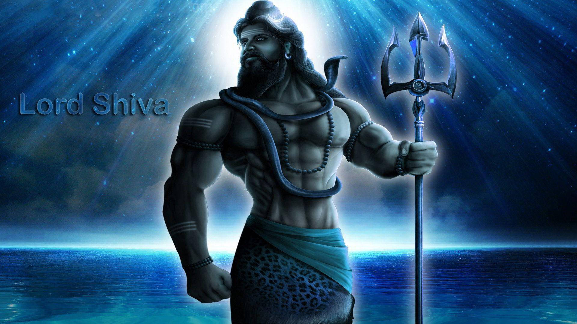 mahakal 3d 桌布 壁紙 — 濕婆神在宇宙藍色背景下強力站立，手持三叉戟，身後散發神聖光芒。