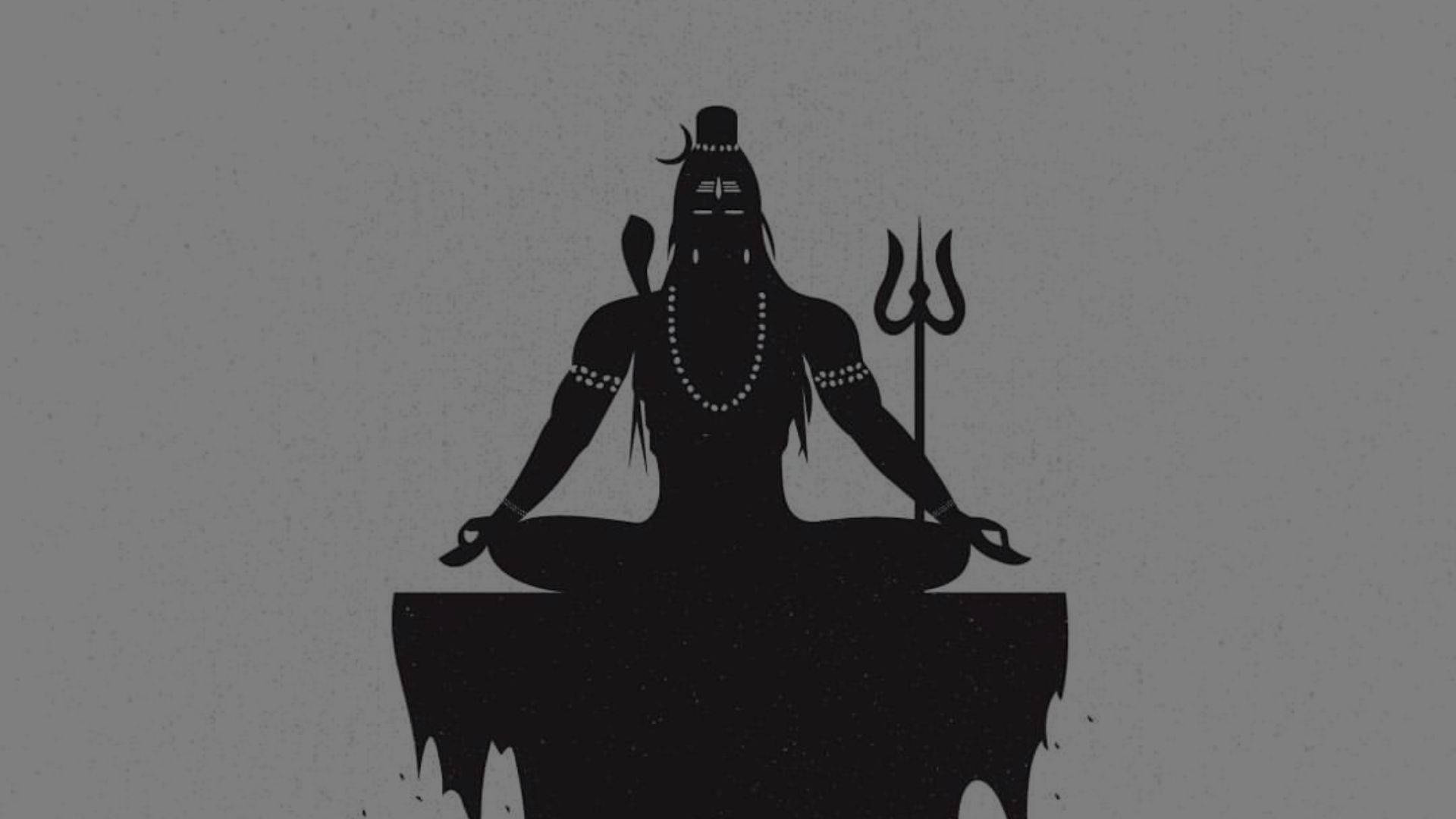 shiva dark 桌布 壁紙 — 濕婆神在鋸齒狀岩石上冥想姿勢的剪影，手持三叉戟，背景為紋理灰色。