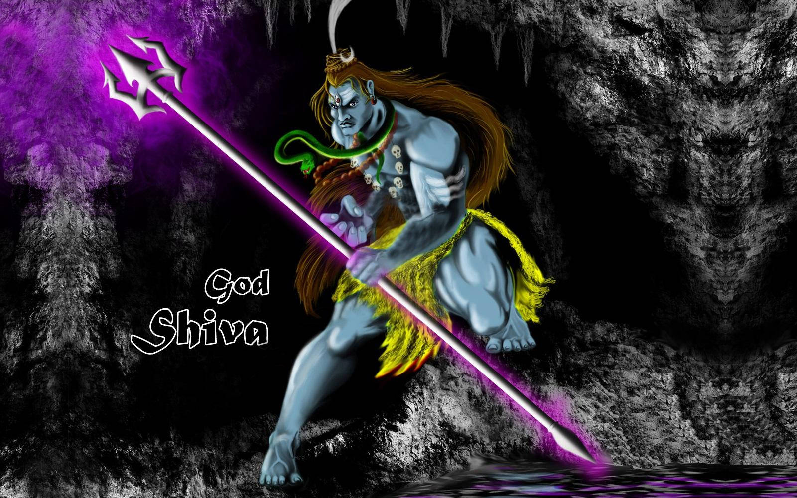 angry shiva 桌布 壁紙 — 濕婆神在黑暗洞穴中強而有力地站立，手持發光的紫色三叉戟，一條綠蛇纏繞在他的脖子上。