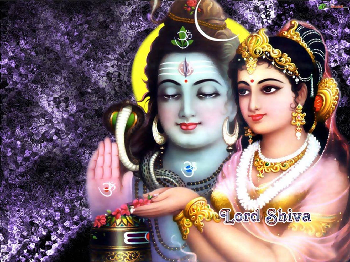 shiva parvathi 桌布 壁紙 — 濕婆神與帕爾瓦蒂以神聖結合的姿態呈現，飾有華麗珠寶和發光光環，背景為帶紋理的紫色。