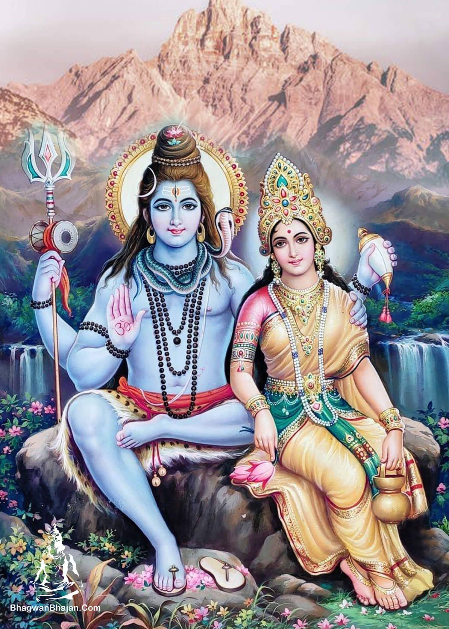 shiv shankar HD 桌布 壁紙 — 濕婆與帕爾瓦蒂在柔和天空下，坐在點綴著鮮花和瀑布的山崖上，寧靜祥和。