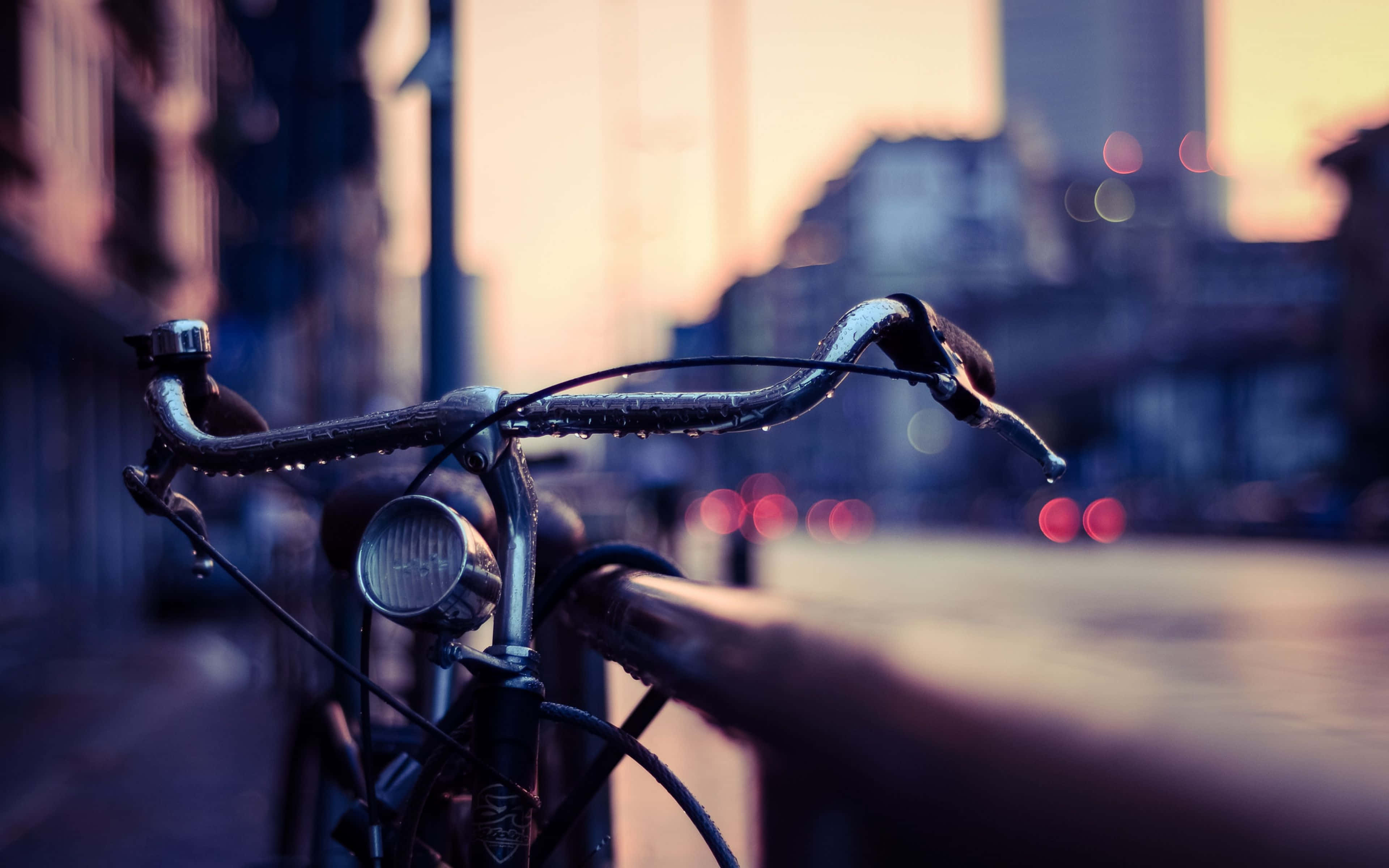 Bicycle 桌布 壁紙 — 濕漉漉的自行車把手在黃昏時分，以模糊的城市景觀和溫暖的散景燈光為背景，閃爍著水滴。