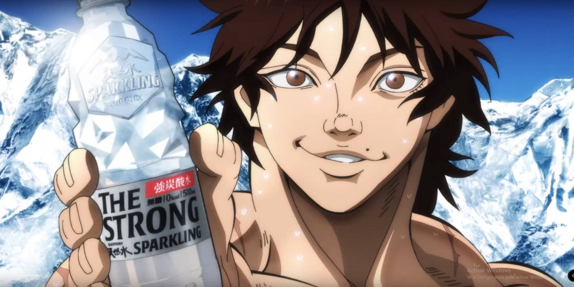 Baki 桌布 壁紙 — 濕髮的動漫角色在雪山背景下拿著閃閃發光的水瓶。