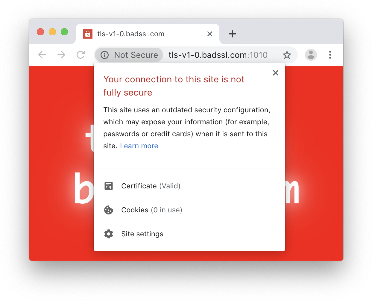 Google Chrome 桌布 壁紙 — 瀏覽器視窗在紅色背景上顯示安全警告，表示與 tls-v1-0.badssl.com 的連線並非完全安全。