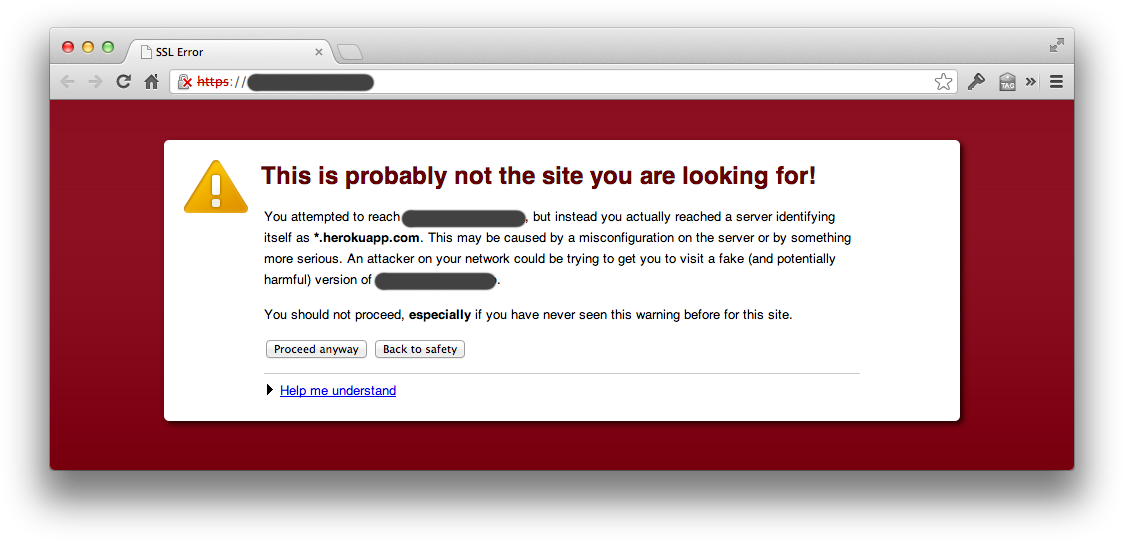 Google Chrome 桌布 壁紙 — 瀏覽器顯示一個紅色的SSL錯誤警告，關於一個冒充herokuapp.com的假伺服器。
