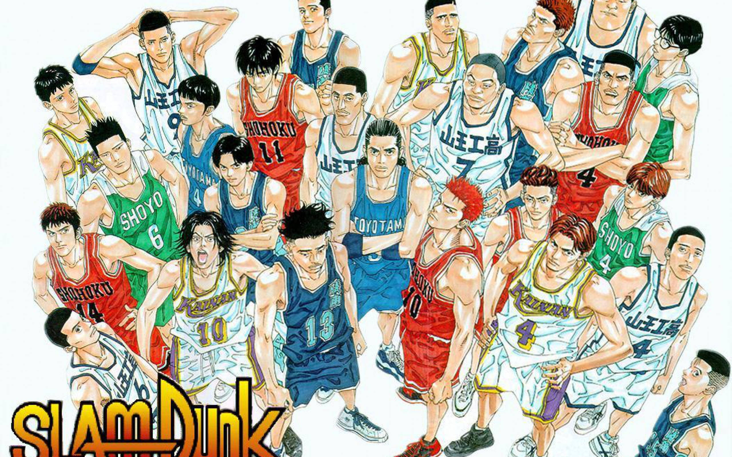 Slam 桌布 壁紙 — 《灌籃高手》籃球隊的動態動漫插圖，球員身穿紅色、藍色和綠色球衣，充滿活力地擺姿勢。