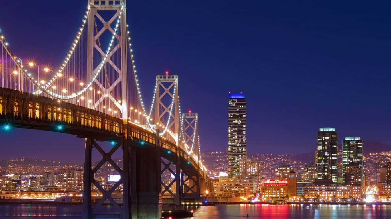 1366x768 San Francisco 桌布 壁紙 — 灣區大橋和舊金山天際線在平靜水面上倒映的迷人夜景。