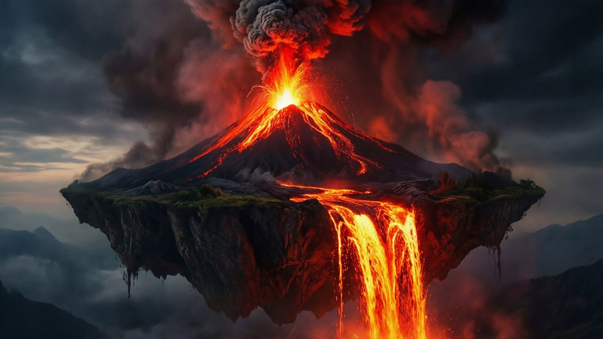 火山天墜 壁紙 — 一座漂浮的火山島在暮色天空中噴發熾熱的熔岩和煙霧。