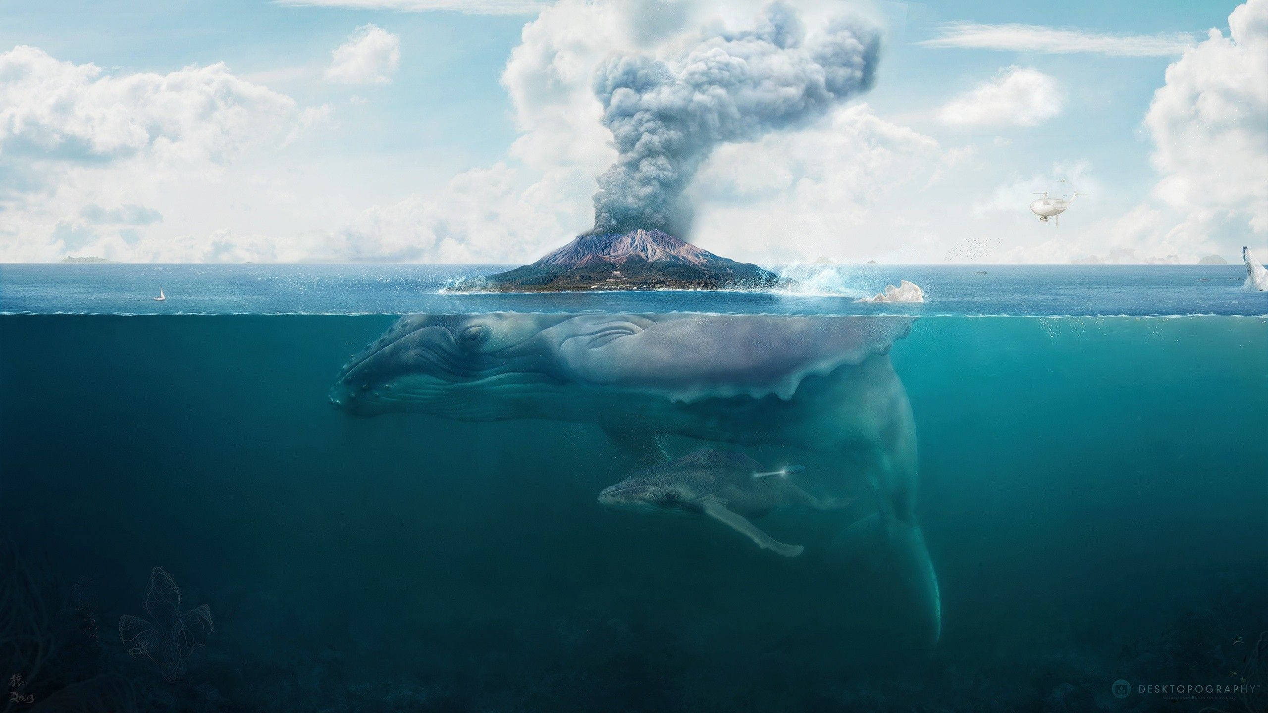 海洋 桌布 壁紙 — 火山島在水面上爆發，而一對鯨魚母子在表面下平靜地滑行。