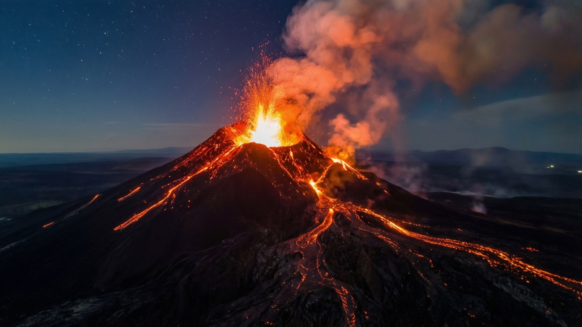 火山爆發之夜 壁紙 — 夜晚火山爆發，發光的熔岩流和煙霧映襯著星空。