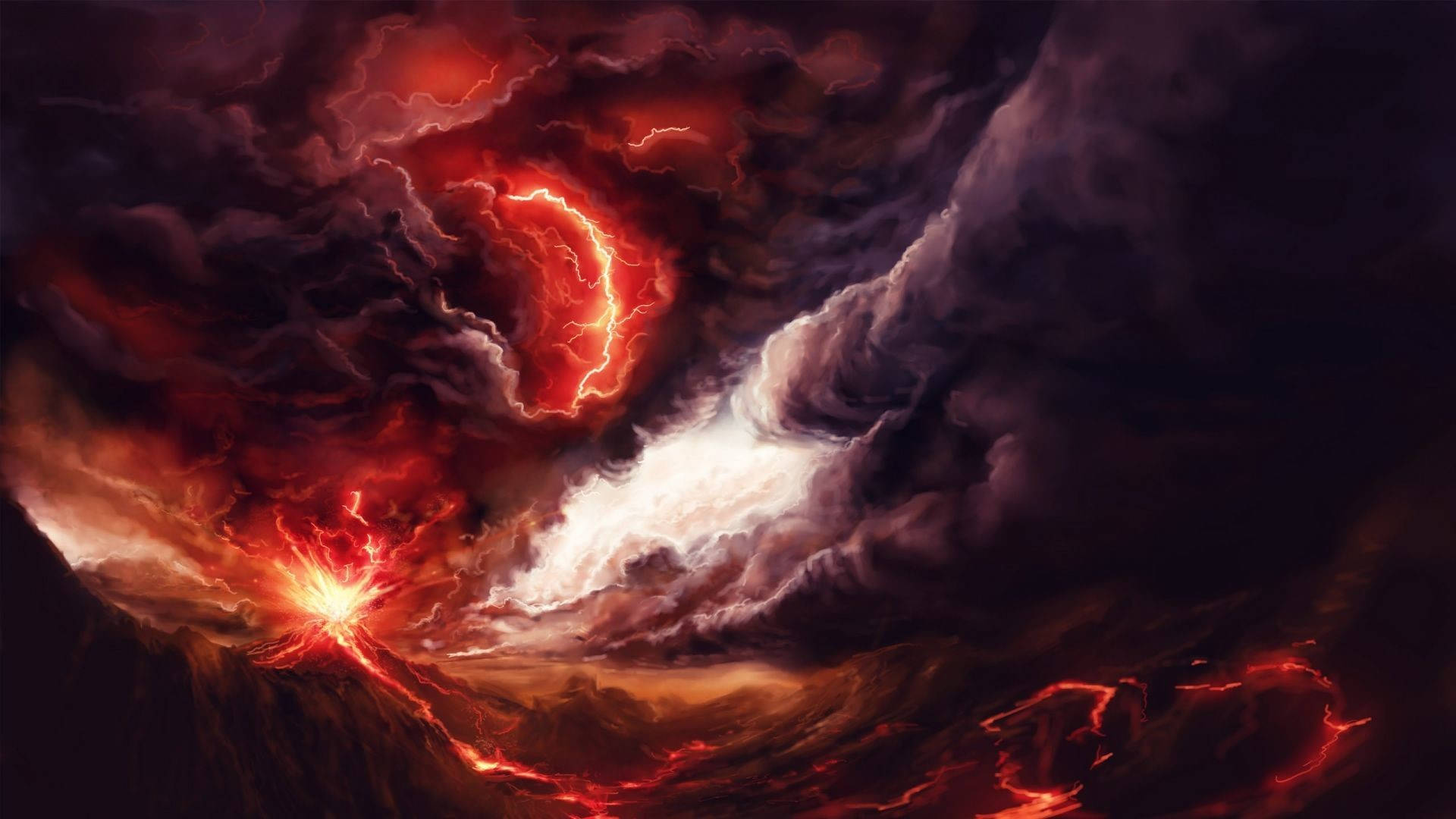 著火 桌布 壁紙 — 火山爆發以紅色閃電和發光的熔岩流照亮了暴風雨的天空，橫跨崎嶇的地形。