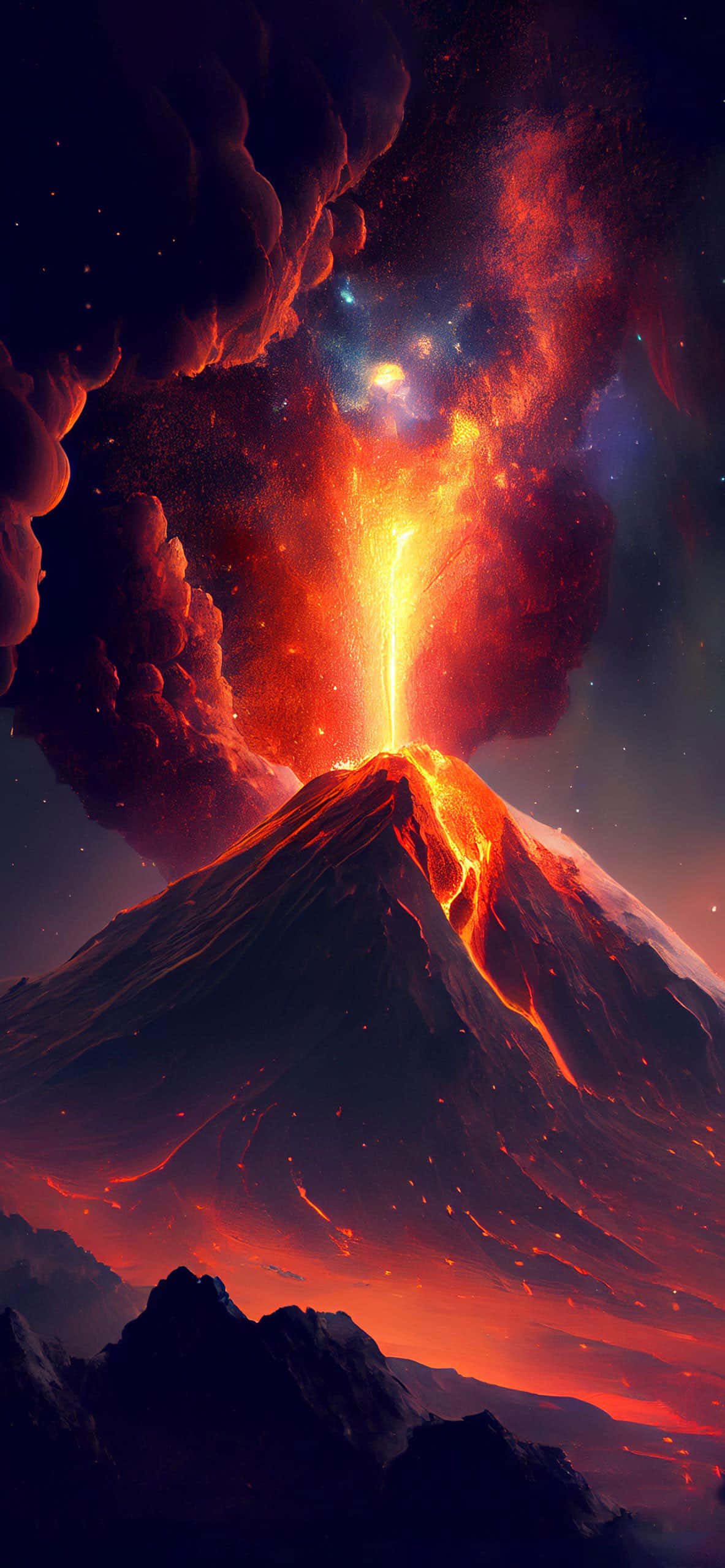 Volcano 桌布 壁紙 — 火山爆發將熾熱的熔岩和煙霧噴射到崎嶇山脈上方繁星點點的宇宙天空中。