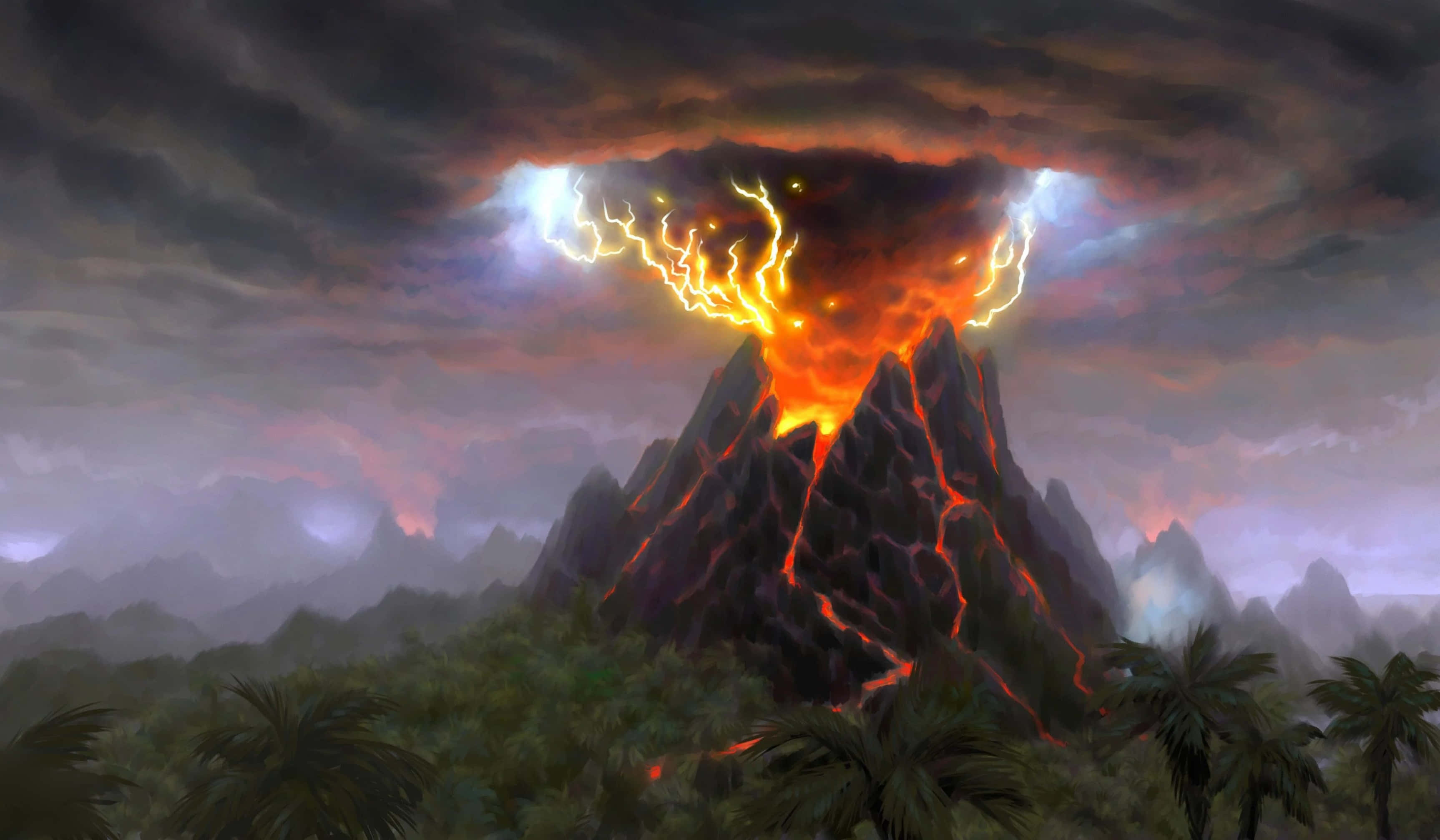Natural Disaster 桌布 壁紙 — 火山爆發將熾熱的熔岩和閃電噴射到叢林上方的暴風雨天空中。