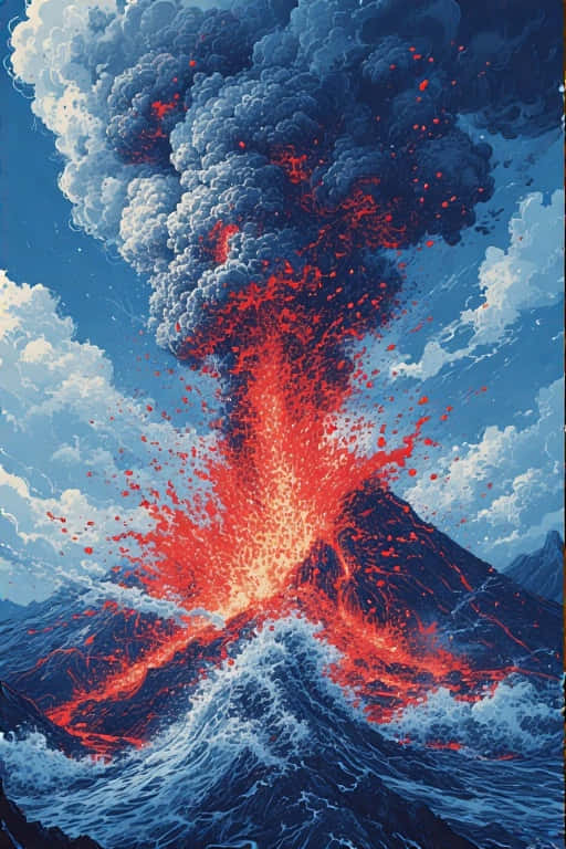 Stunning Volcanic Eruption in Ukiyo 4K 壁紙 — 火山爆發將熾熱的紅色熔岩和火山灰噴向明亮的藍天，下方是洶湧的海浪。