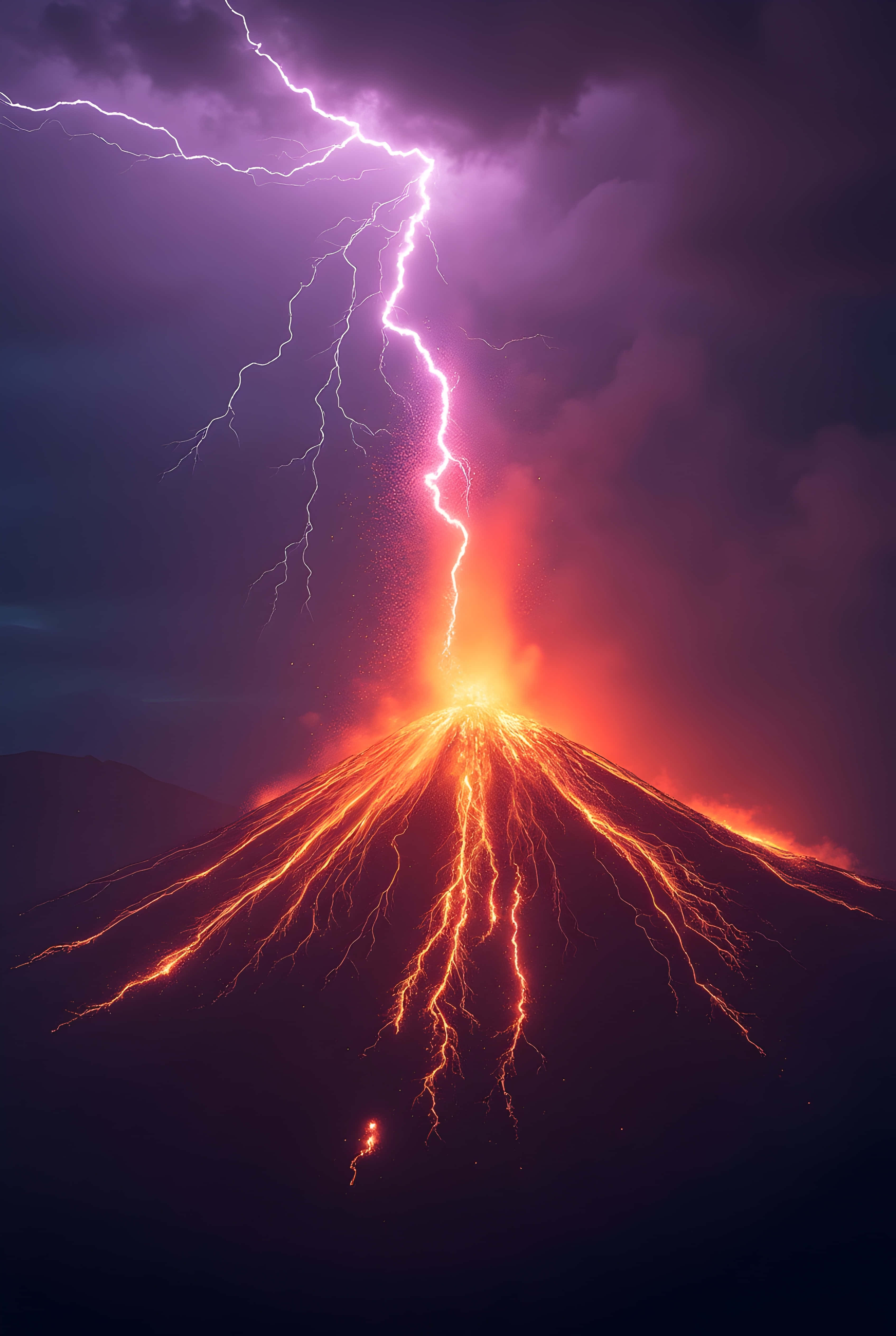 閃電 桌布 壁紙 — 火山爆發沐浴在熾熱橙色熔岩流中，一道巨大的紫色閃電從暴風雨的天空中劈下。