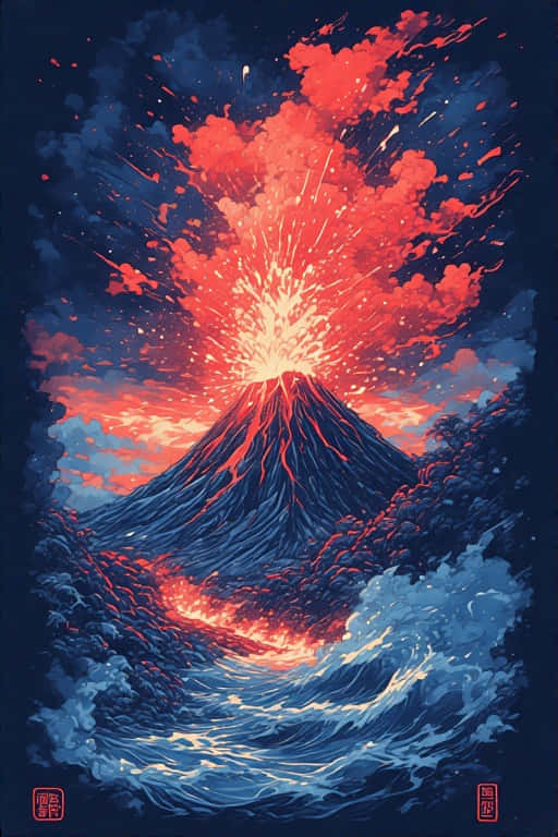 Stunning Volcanic Eruption in Ukiyo 4K 壁紙 — 火山猛烈爆發，噴出火紅色的熔岩和火山灰，映襯著深藍色的天空，下方海浪拍打。