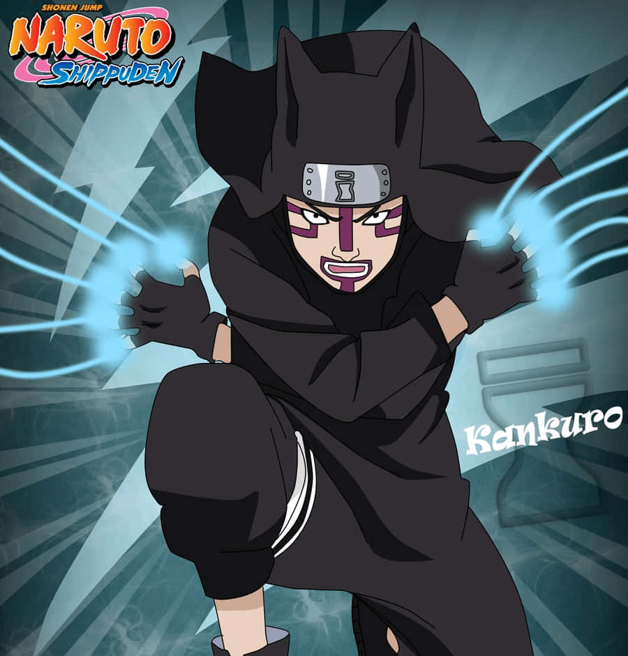 Kankuro 桌布 壁紙 — 《火影忍者疾風傳》中的動畫角色勘九郎，在動態幾何背景前，專注地引導藍色查克拉。