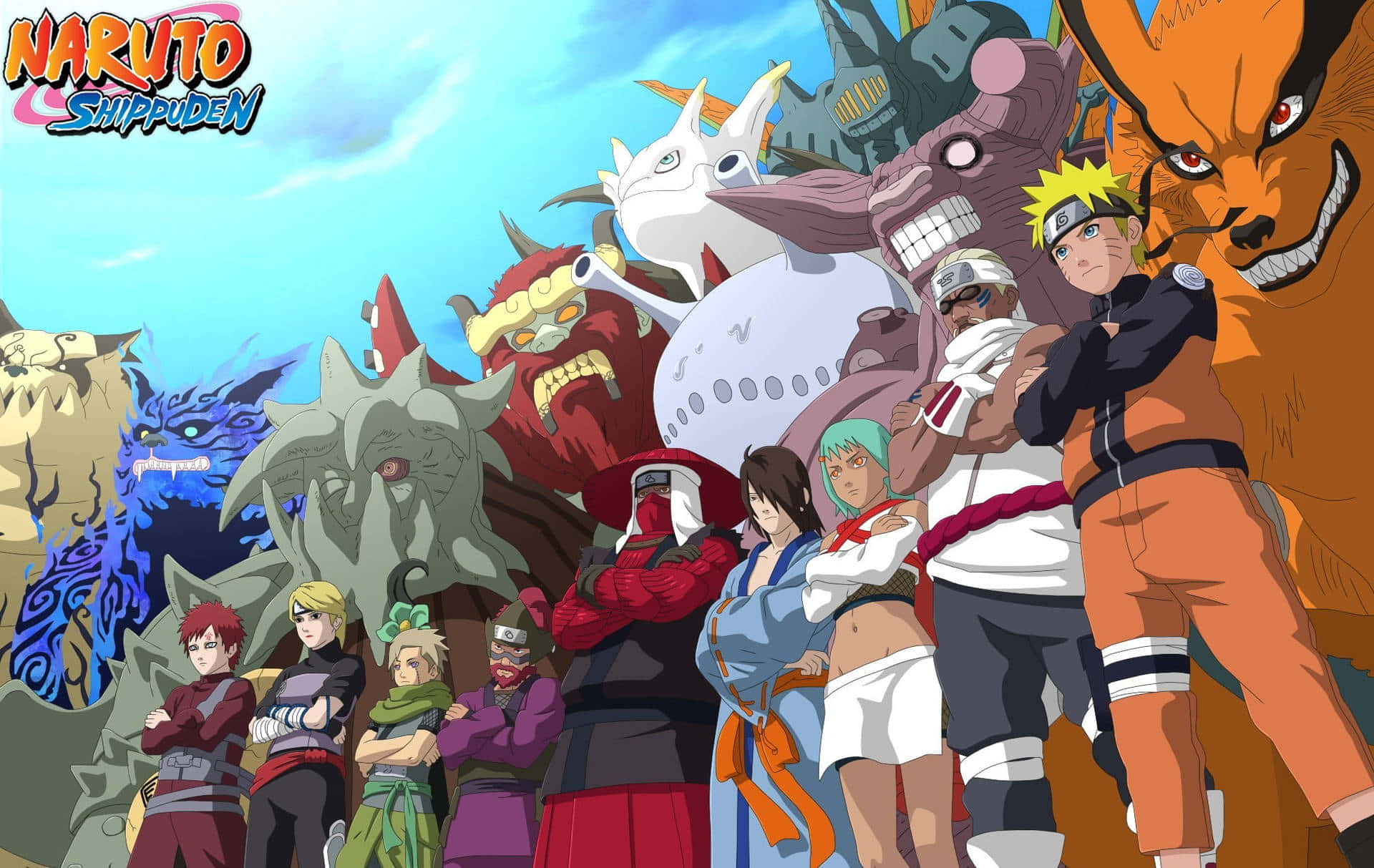 Tailed Beasts 桌布 壁紙 — 火影忍者疾風傳角色英勇站立，巨大尾獸在明亮的藍天下於他們身後若隱若現。
