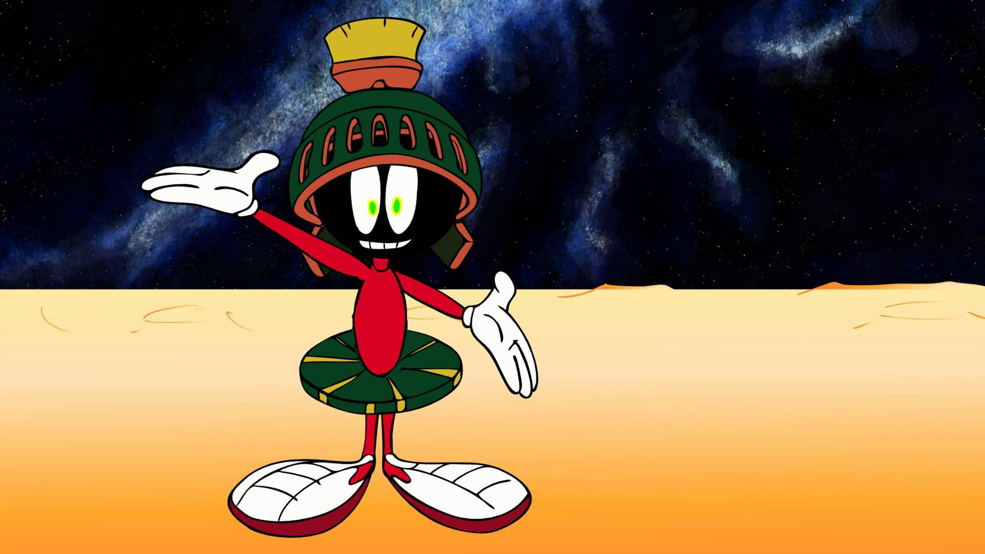 火星人馬文 桌布 壁紙 — 火星人馬文在沙漠星球上，在繁星點點的宇宙天空下，帶著發光的綠色眼睛愉快地站著。
