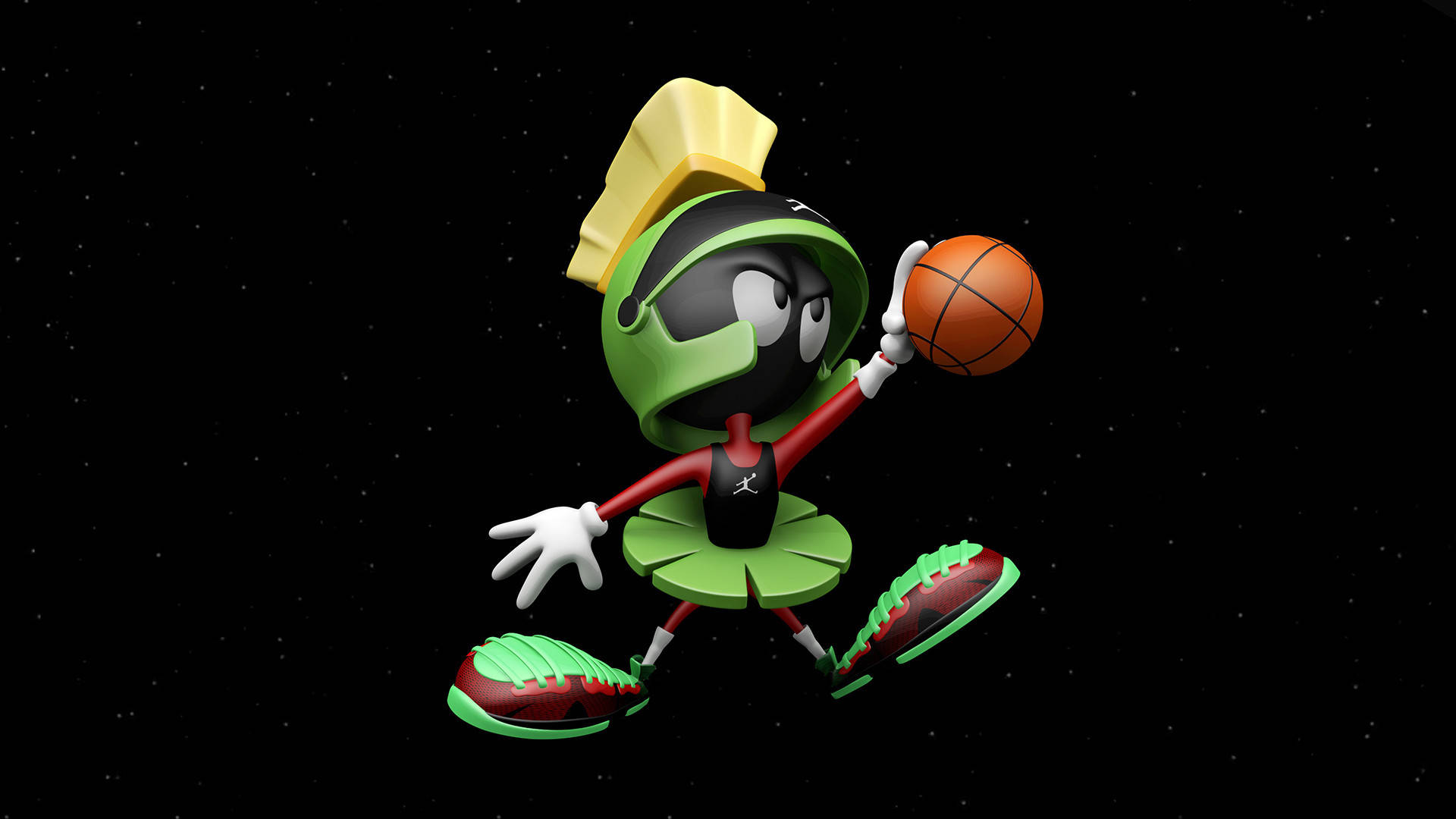 Marvin The Martian 桌布 壁紙 — 火星人馬文在零重力下，在繁星點點的太空背景下運球打籃球。
