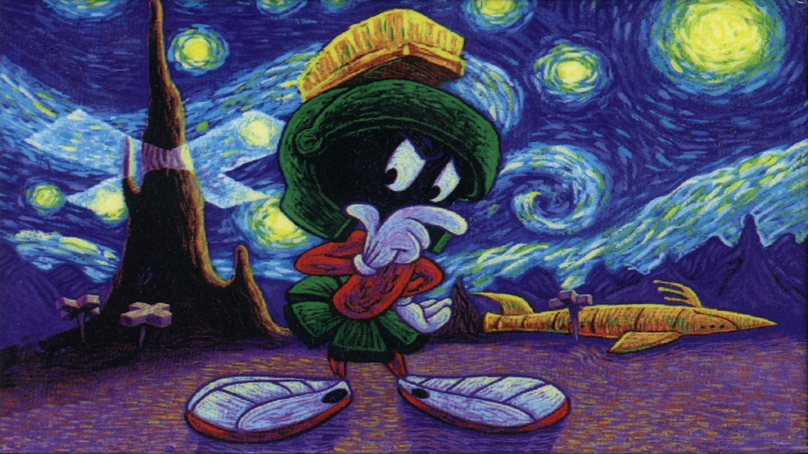 火星人馬文 桌布 壁紙 — 火星人馬文莊嚴地站在受梵谷《星夜》啟發的旋轉星空下。