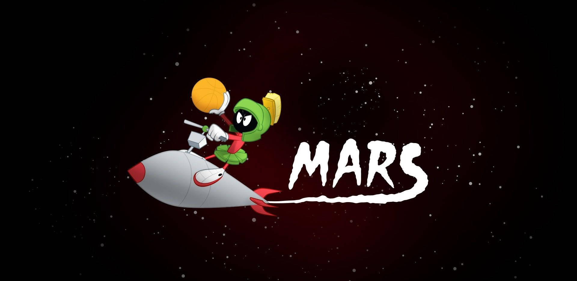 火星人馬文 桌布 壁紙 — 火星人馬文駕駛火箭船穿越星空，並以粗體白色字母寫上「MARS」。