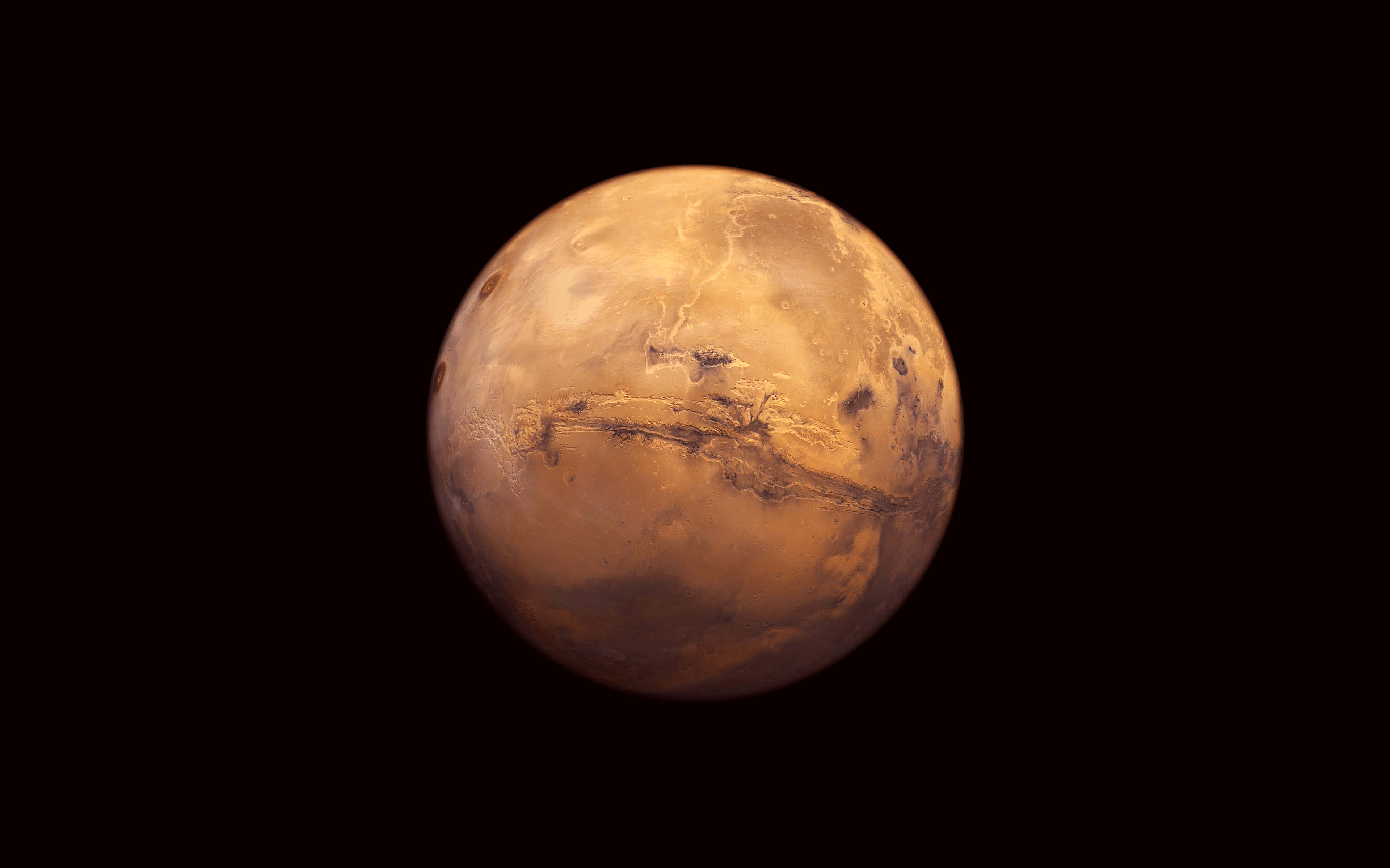 太陽系 桌布 壁紙 — 火星在太空的黑暗中發出橙色光芒的生動詳細視圖，表面特徵清晰可見。