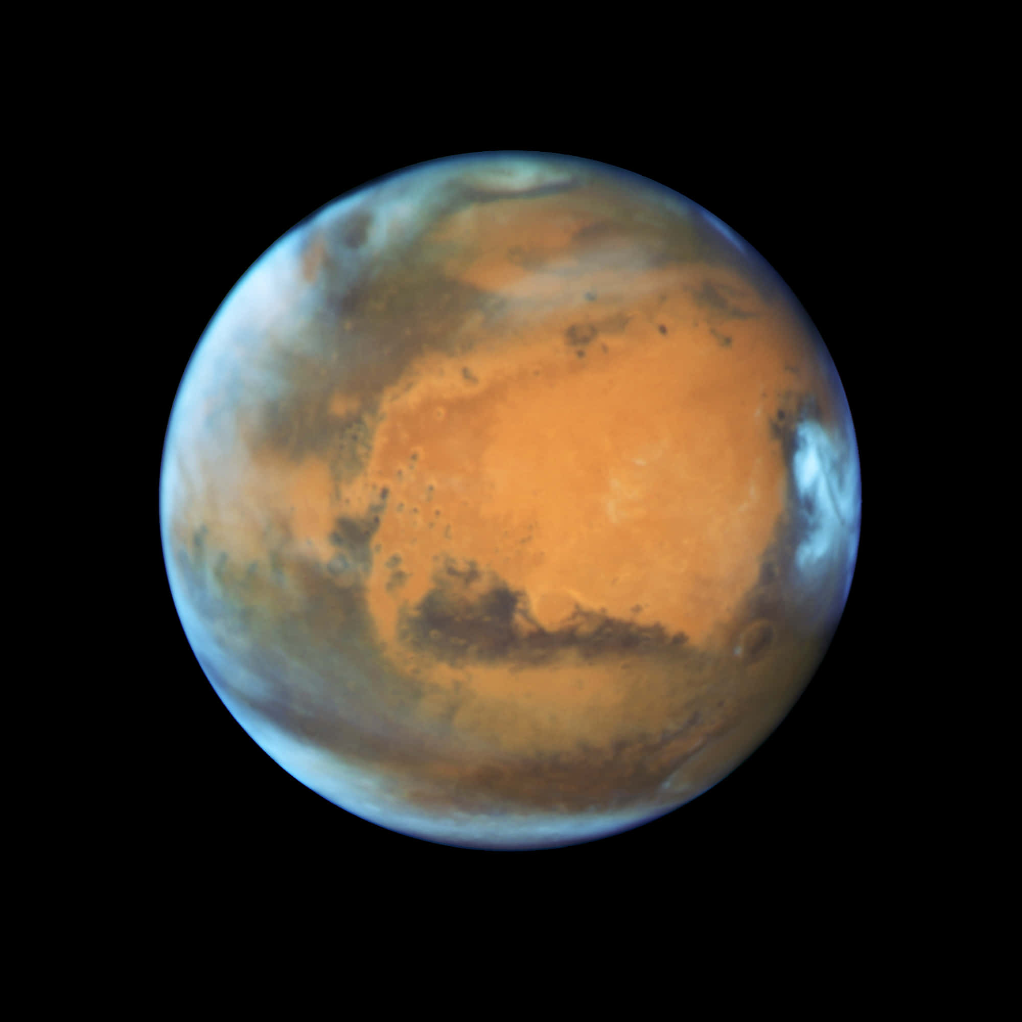 火星 桌布 壁紙 — 火星在太空的黑暗中發出橙色和藍色光芒的生動詳細視圖。
