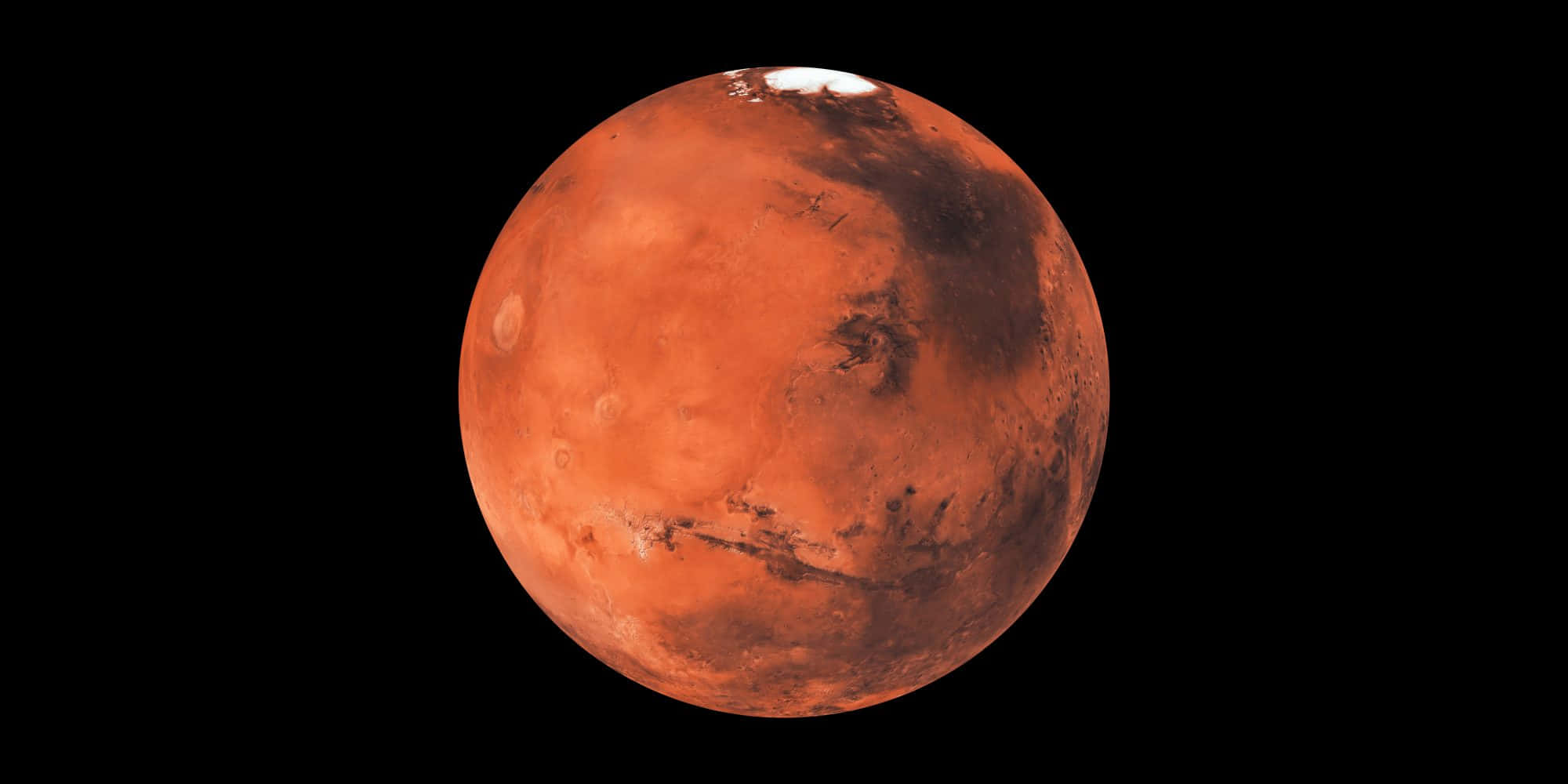 Mars Planet 桌布 壁紙 — 火星在深空中發光的生動詳細視圖，可見旋轉的沙塵暴和極地冰蓋。