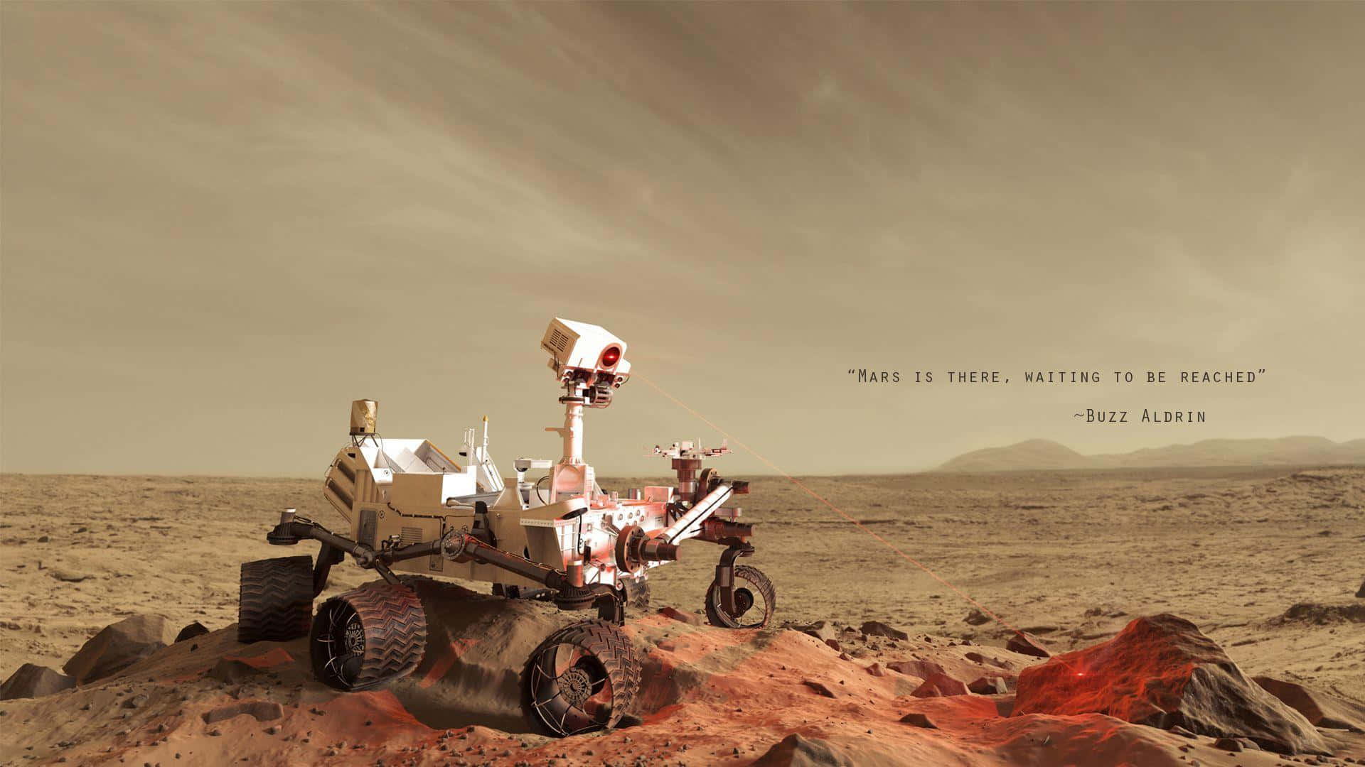 NASA 動態圖片 桌布 壁紙 — 火星探測車在塵土飛揚的橙色天空下探索鏽紅色的岩石地形，遠處有山丘。