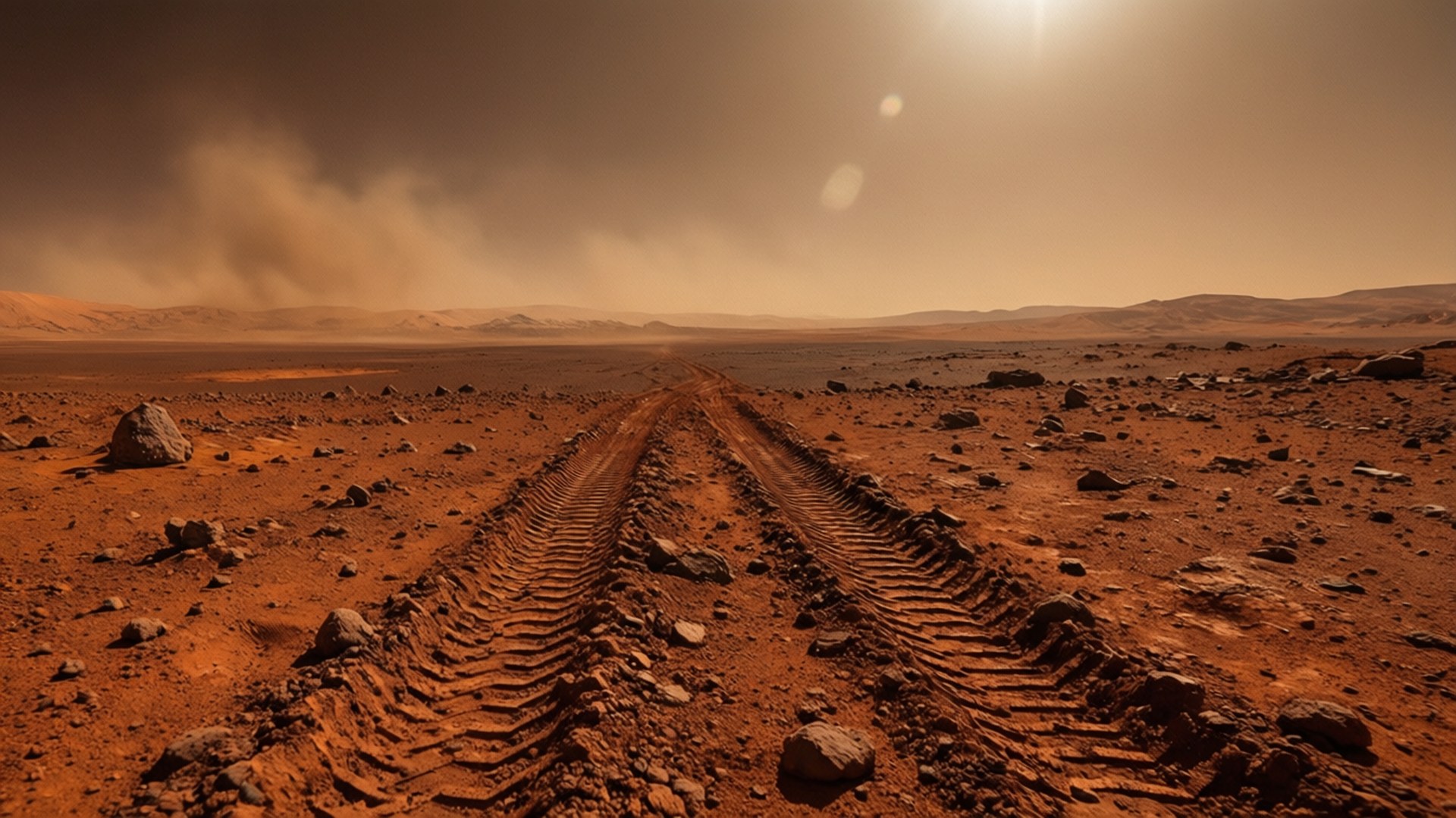 火星探測車軌跡 壁紙 — 一個佈滿灰塵的火星景觀，深深的輪胎痕跡在朦朧的橙色天空下延伸向遠方的沙丘。