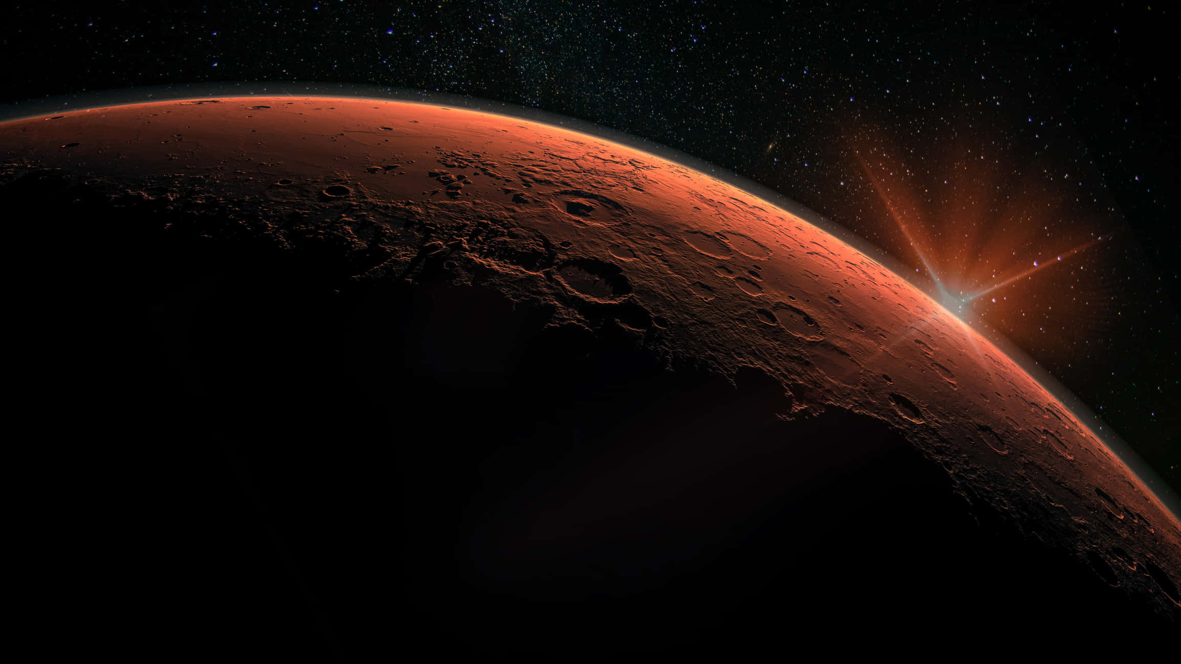 Mars Planet 桌布 壁紙 — 火星日出時令人驚嘆的景色，帶有發光的地平線和繁星點點的黑色天空。