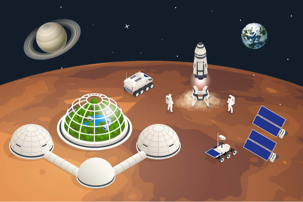 Space Colonization 桌布 壁紙 — 火星殖民地的等距視圖，有圓頂棲息地、探測車和火箭發射，背景是星空，可見土星和地球。