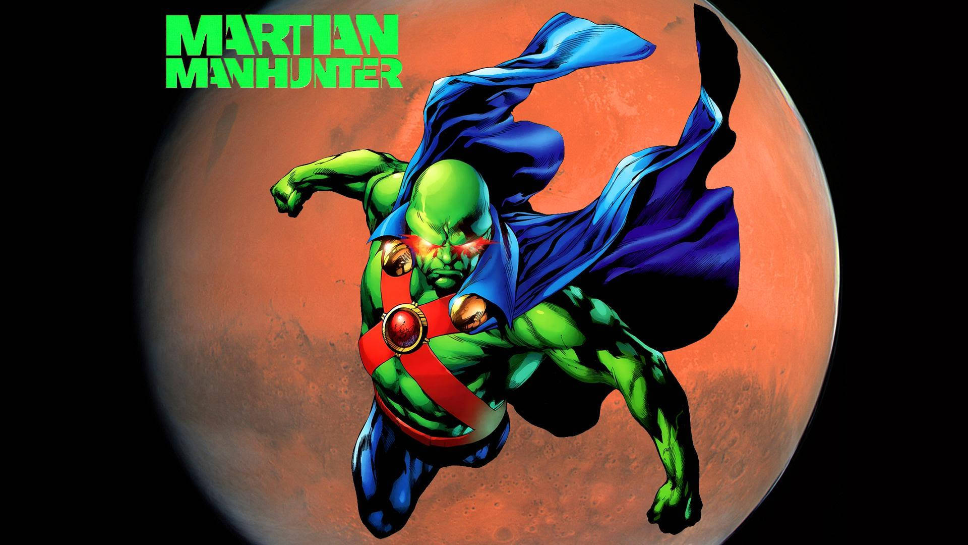 Martian Manhunter 桌布 壁紙 — 火星獵人在巨大的紅色星球背景下動感翱翔，藍色斗篷隨風飄揚。