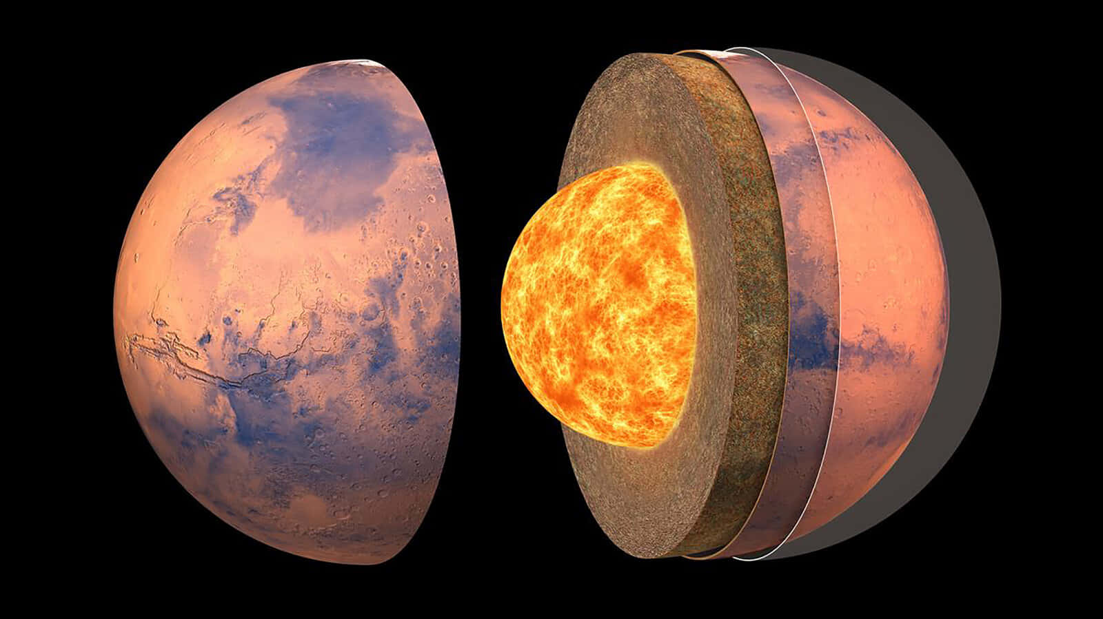 Mars Planet 桌布 壁紙 — 火星的橫截面，在黑色虛空中揭示其分層內部結構和表面特徵。