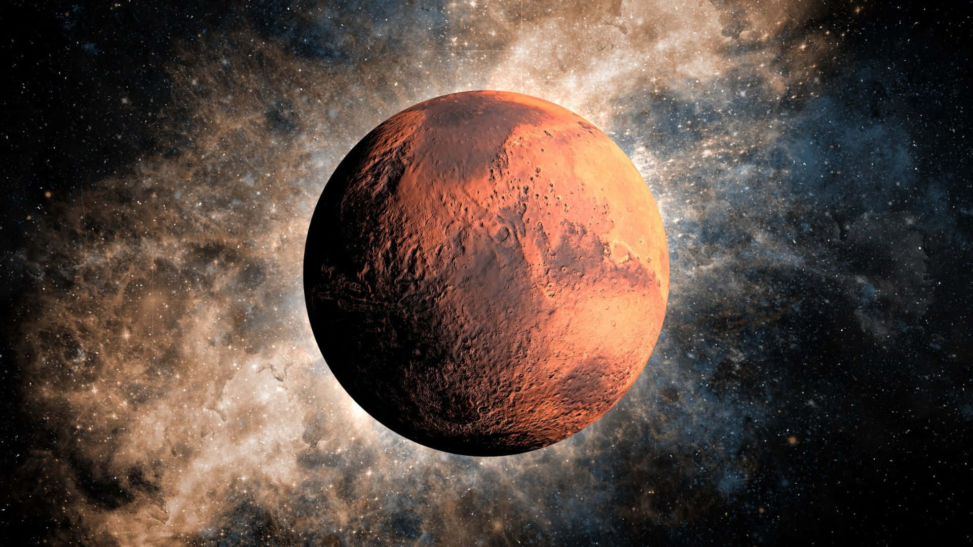 行星動畫 桌布 壁紙 — 火星的詳細視圖，在繁星點點的宇宙背景中溫暖地發光，伴隨著旋轉的星雲。