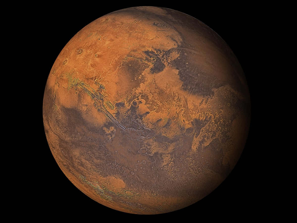 Mars Planet 桌布 壁紙 — 火星的詳細視圖，展示其鏽橙色表面，帶有黑色斑點和可見的隕石坑，背景是黑色的太空虛空。