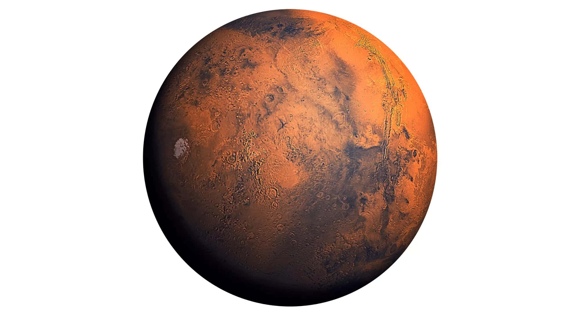 Mars Planet 桌布 壁紙 — 火星這顆鏽紅色行星的詳細視圖，在純白色背景上可見隕石坑和極地冰蓋。