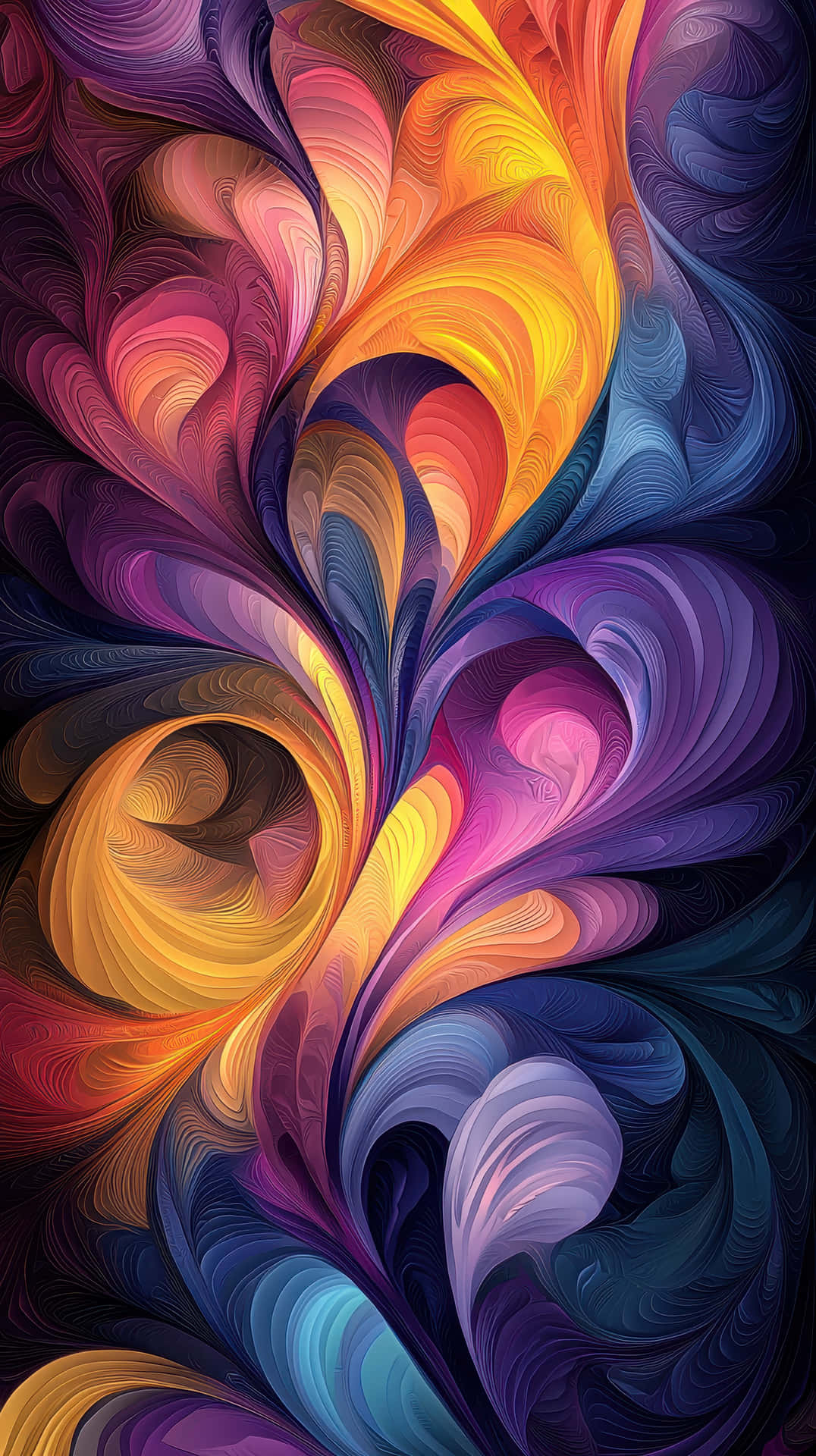 Vibrant Abstract Gradient with Flowing Textures and Colorful Swirls 壁紙 — 火橙色、黃色和深紫藍色的鮮豔漩渦分形圖案創造出動態的抽象構圖。