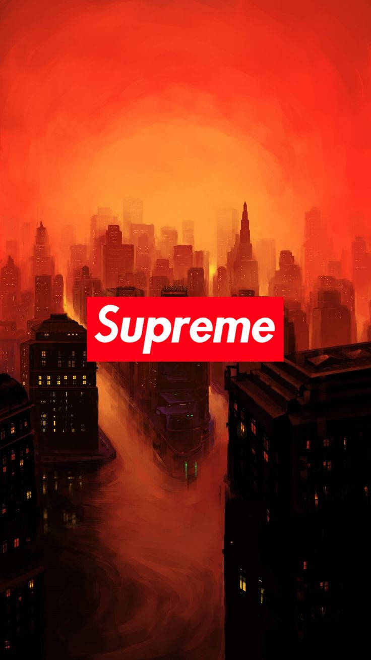 orange supreme 桌布 壁紙 — 火熱的橙色日落為黑暗的城市景觀投下光芒，前景中央有一個紅色的 Supreme 標誌。