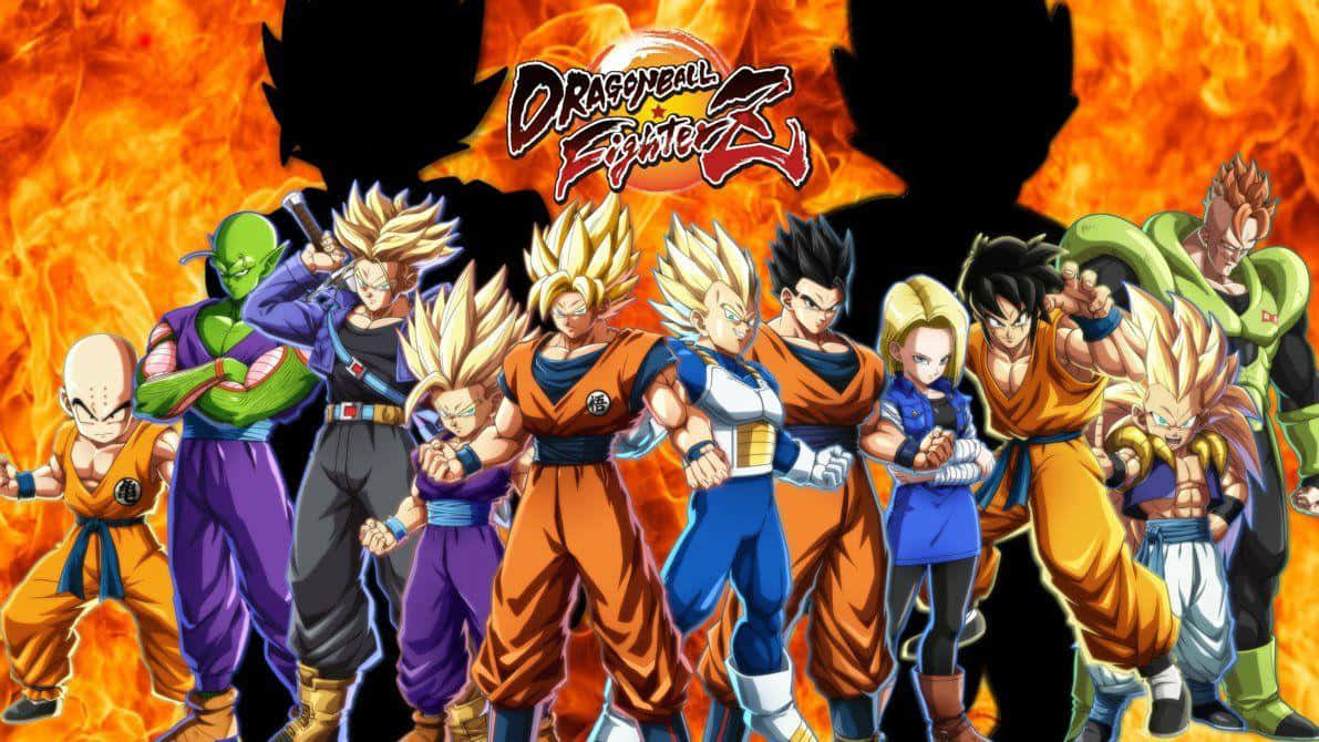 Dragon Ball Fighterz 桌布 壁紙 — 火熱的背景展示了《七龍珠 鬥士Z》的標誌性角色，擺出動態的戰鬥姿勢。